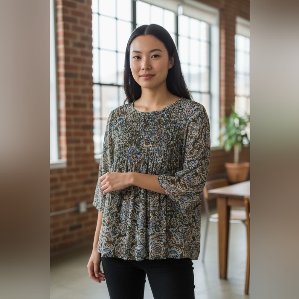 Nwot Ninety Clothing Company Women's Paisley Blouse - Blue and Brown Size Xl.